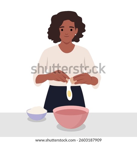 Woman is seen cracking an egg into a mixing bowl, preparing ingredients for baking. Flat vector illustration