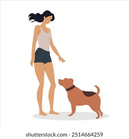 Woman is seen petting a dog, capturing a tender moment of connection and care between them flat vector illustration on white backgroud