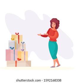a woman sees in front of herself many boxes with gifts and goes to them, surprise, holiday, birthday, vector illustration