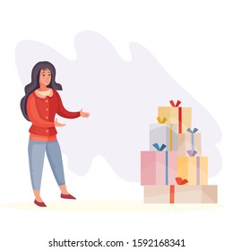 a woman sees in front of herself many boxes with gifts and goes to them, surprise, holiday, birthday, vector illustration