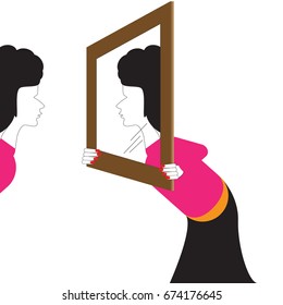 A woman sees her reflection in a mirror in a surreal humorous illustration.