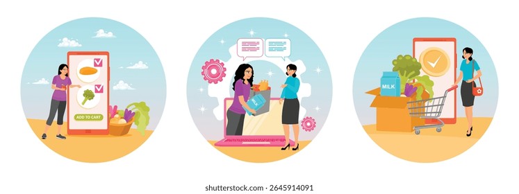 A woman select the fresh organic vegetables she wants to buy. An individual delivering groceries through online shopping. Shopping cart, groceries, and a smartphone. Online grocery shopping concept. 