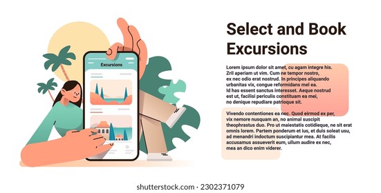 woman selecting and booking excursions in mobile app on smartphone screen tour personal guide selection concept