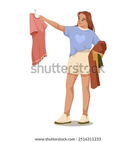 Woman selecting clothes while shopping. Vector illustration