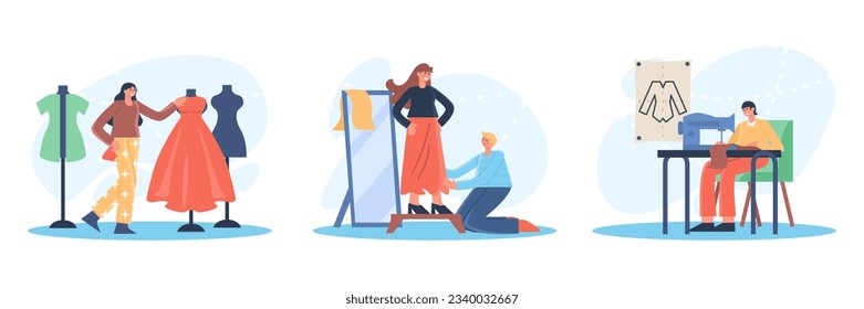 Woman selecting dress in salon. Seamstress sews on sewing machine. Trying on sewn clothes, tailoring, cutting to order. Choice of different dresses. Flat vector illustration in cartoon style