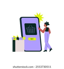 Woman Selecting Online Shopping Basket On Smartphone Screen In Flat Vector Illustration Symbolizing E Commerce And Digital Shopping Experience, Isolated On White Background