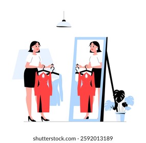 Woman Selecting Outfit In Front Of Mirror In Flat Vector Illustration Symbolizing Fashion Choice, Style Selection, And Wardrobe Decision, Isolated On White Background