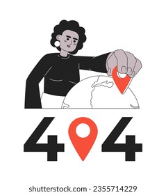 Woman selecting place on globe black white error 404 flash message. Gps navigator on map. Monochrome empty state ui design. Page not found popup cartoon image. Vector flat outline illustration concept