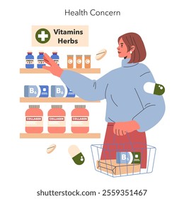 Woman selecting supplements to address health concerns in a pharmacy setting, choosing vitamins and herbs. Vector illustration.