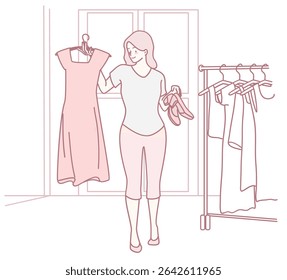 A woman selects a beautiful dress and matching shoes, showcasing her fashion preferences in a boutique