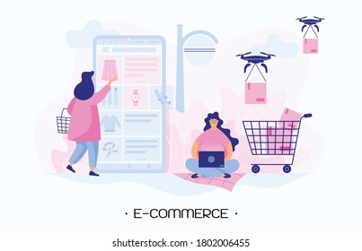 A woman selects a product through a mobile application and makes order online. Girl sits with laptop watching sales and status order. Quadcopter deliver. Modern flat people vector illustration. Vector