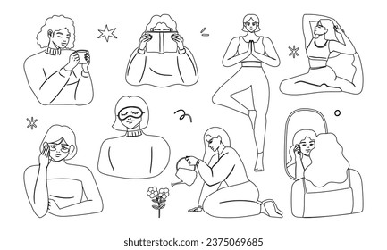 Woman Self Care Hobby Illustration. Set of woman during everyday routine. Love yourself set. Motivation to take time for yourself: sleeping, drinking, reading, watering garden, yoga.
