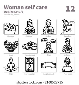 Woman self care icons set, Outline, vector and illustration set 1