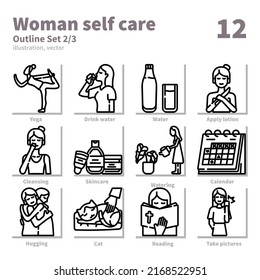 Woman self care icons set, Outline, vector and illustration set 2
