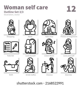 Woman self care icons set, Outline, vector and illustration set 3