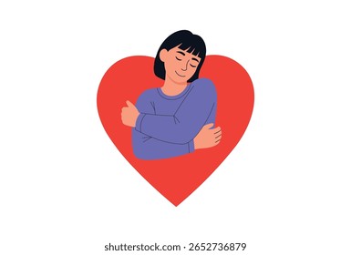 Woman Self care, love yourself, or body positive concept with heart. Happy woman hugs her self vector illustration.