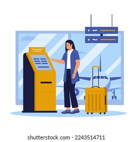 Woman self check in at automatic machine in airport terminal. Illustration for website, landing page, mobile app, poster and banner. Trendy flat vector illustration