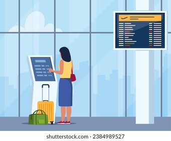 Woman self check in at automatic machine in airport terminal. Buying ticket using interactive terminal. Airport interior with panoramic windows, departure board, flight schedule. Vector illustration