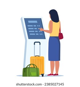 Woman self check in at automatic machine in airport terminal. Buying ticket using interactive terminal. Vector illustration