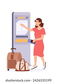 Mujer auto check in en la máquina automática en la terminal del aeropuerto. Comprar billetes de avión en el quiosco de autoservicio. Turista en la pantalla digital electrónica para la máquina de registro. Ilustración vectorial plana