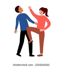 Woman self defense against bad guy in flat design on white background.