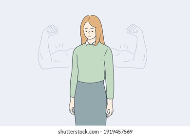 Woman self esteem, confidence, strength concept. Young woman standing looking down with strong biceps behind like powerful hero showing her inner strength illustration