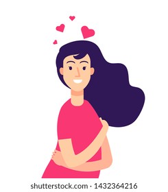 Woman self hug. Female esteem self love, narcissistic young smiling girl self-confidence creative vector concept. Illustration of female person behavior self-esteem