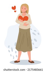 Woman self hug. Female esteem self love.self-esteem concept. flat vector cartoon character illusrtation.