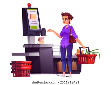 Mujer en el Completar compra del quiosco de uno mismo para el pago en tienda. Tienda al por menor pos desk con escáner y Cliente femenina. Tecnología de terminal sin contacto para escaneo de productos y tarjeta para pagar ilustración de concepto