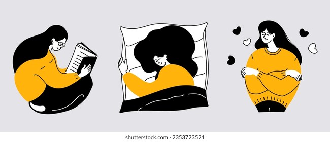 Woman self love and mental health care illustrations set. A girl hugs herself and has a good rest reading book and sleeping well. Doodle monochrome vector illustration.