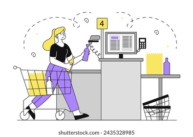 Woman with self service checkout doodle. Young girl near barcode reader. Market, store or shop client at cash register. Simple flat vector illustration isolated on white background