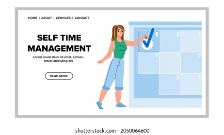 Woman Self Time Management Organization Vector. Businesswoman Self Time Management Occupation For Planning Productivity. Character Planning Time And Week Web Flat Cartoon Illustration