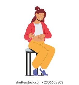 Woman Self-administers Insulin Injection Into Belly. Female Character Managing Diabetes With Personalized Care And Ensuring Proper Medication Delivery For Optimal Health. Cartoon Vector Illustration