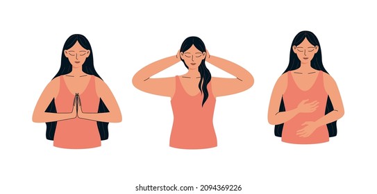 Woman self-healing reiki. A woman heals her body with the energy of Reiki. Holistic self-therapy vector illustration isolated on white background.