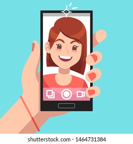 Woman selfie. Beautiful girl taking self photo face portrait on smartphone. Phone camera addiction cartoon vector cute young women holding cellphone concept