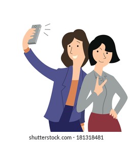 Woman selfie herself with girlfriend with smartphone. 