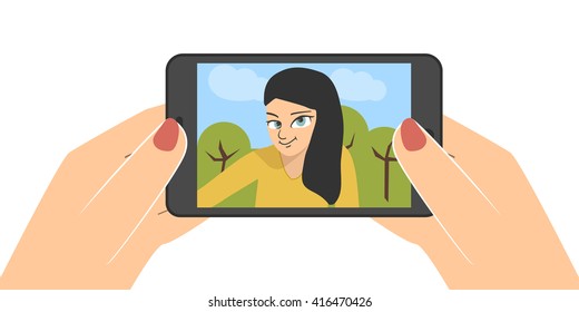 Woman selfie photo.  flat design. Portrait girl