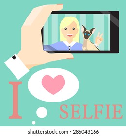 Woman Selfie with Siamese Cat. Vector flat Illustration.
