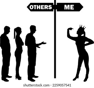 A woman is selfish with a crown, showing her superiority over other people. Conceptual scene of selfish and narcissistic people. Vector silhouette