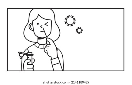 Woman self-testing at home with an antigen kit. Taking a sample with a nasal cotton swab to test her positivity to coronavirus or covid -19. Front view portrait of line vector drawn character.