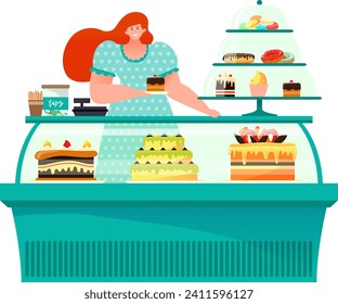 Woman sell food cake, female confectioner at showcase isolated on white, vector illustration. Sweet confectionary business with chef character. Pastry dessert in cafe bakery, person at store.