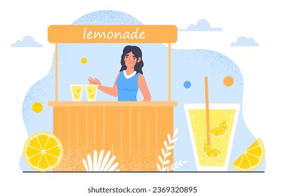 Las mujeres venden el concepto de limonada. Jovencita con vasos de refresco frío y jugo natural. Vendedor de la calle con bebidas para el clima cálido y la temporada de verano. Dibujo vectorial plano de dibujos animados