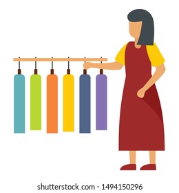 Woman sell tshirt hanger icon. Flat illustration of woman sell tshirt hanger vector icon for web design