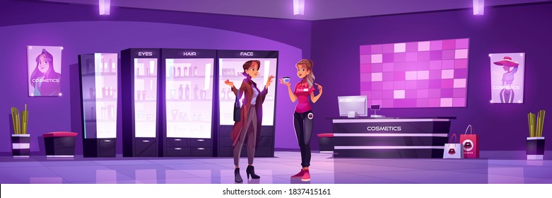 Woman And Seller In Cosmetic Shop. Vector Cartoon Interior Of Beauty Store With Showcases With Makeup And Skincare Products, Cashbox On Counter, Female Customer And Assistant