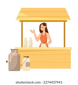 Woman Seller at Farmer Market Selling Fresh Local Milk at Stall Vector Illustration