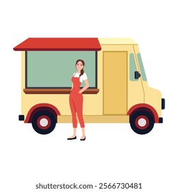 Woman Seller at Food Truck. Flat vector illustration isolated on white background