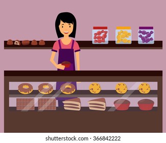 Woman seller holding a cupcake in confectionery. Vector illustration
