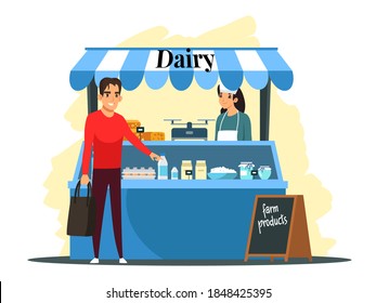 Woman seller sell fresh healthy organic milk and diary products in street shop. Seasonal outdoor farmers local market. Vector concept of retail business, small business, private enterprise