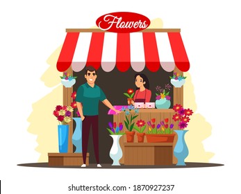 Woman seller sells flower bouquet in street shop. Buyer buys flowers. Seasonal outdoor local farm market. Vector concept of retail business, small business, private enterprise, healthy food