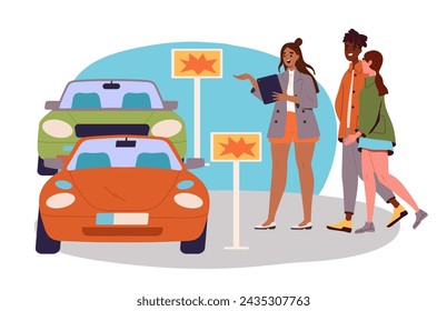 Woman selling car. Seller near guy and girl and transport. Automobile with price tags. Buyers buy automobile. People in auto salon. Cartoon flat vector illustration isolated on white background